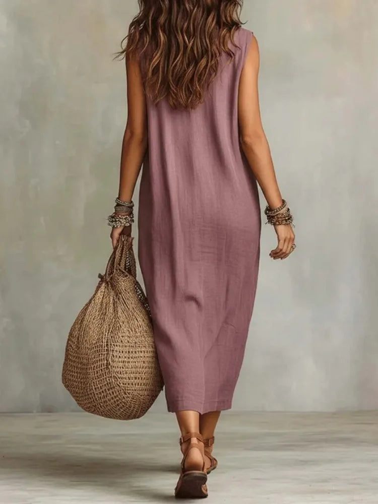 Elegant Cotton Linen Long Dress for Women Loose Draped Neckline Sleeveless Pocket Vestido Summer Casual Beach Vacation Dresses