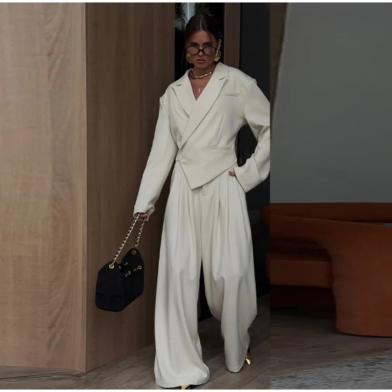 Women Solid Top Pants Set Lapel Neck Single Breasted Oversized Coats Ruff Leg Loose Pants Set Lady Spring Chic Casual Sets Wear