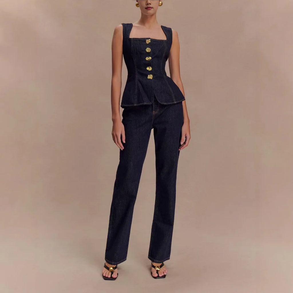 Summer Denim Pant Sets Women 2025 Fashion Sleeveless Single Bretted Vest Tops And High Waist Baggy Jeans 2 Piece Set Woman