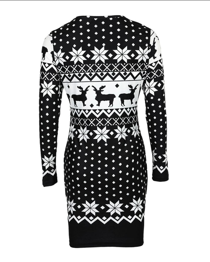 Christmas Women's Dresses 2024 Autumn Long Sleeve Fashion Snowflake Elk Print Casual O-Neck Daily Skinny Mini Dress