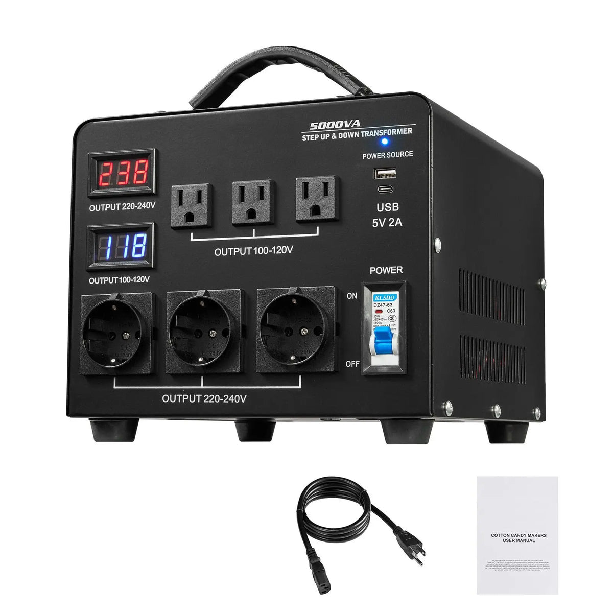 Voltage Auto Converter Transformer, 5000VA, Heavy Duty Step Up/Down Power Transformer, 110V to 220V and 220V to 110V, with 3 US