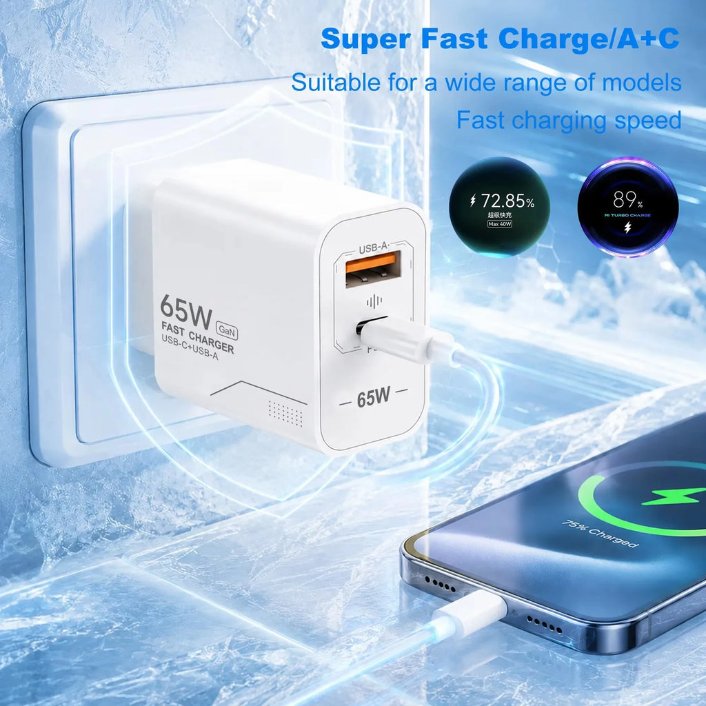 USB PD65W GaN Charger 2-Port Fast Charging Charger Type C High Speed Charge Mobile Phone Wall Adapter For Phone EU/US Charger