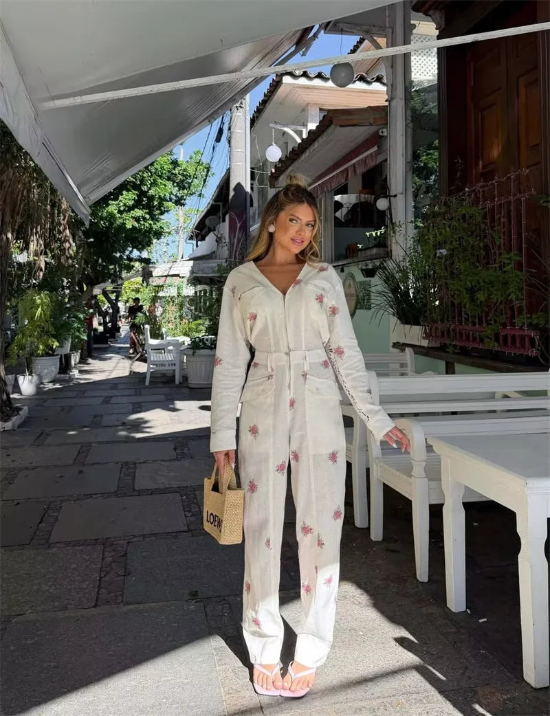 Guobioziy Women's Jumpsuit 2026 Early Fall New Arrival Fashionable Printed Long-Sleeve V-Neck Zipper Elastic Waist Jumpsuit