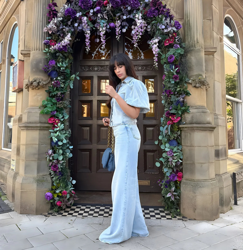 HH Women Summer New Fashion Thin Single-breasted Loose Folds Denim Shirt+High Waist Zipper Pocket Wide-leg Casual Pants Suit