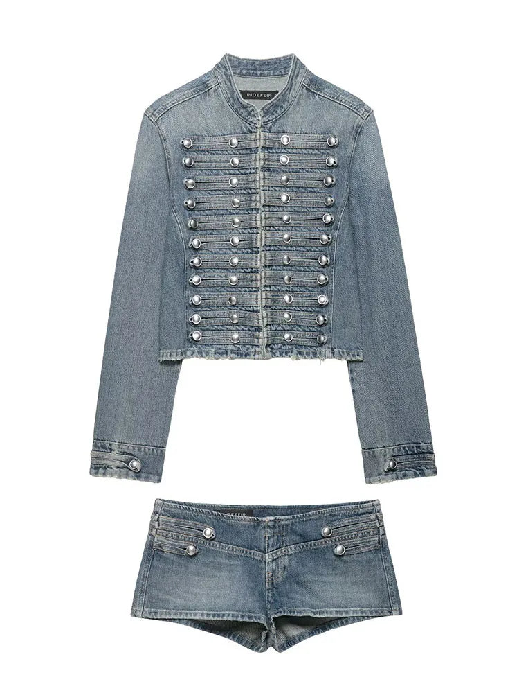 HH Women Shorts Suit Versatile Splicing Button Decoration Casual Denim Jacket+2026 Fashion High Street Low Waist Mini Shorts
