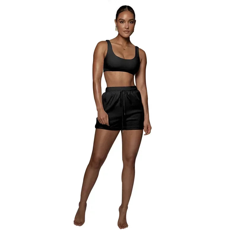 2025 New Women's summer solid color crop top, shorts and drawstring two-piece sportswear, fashion and casual set