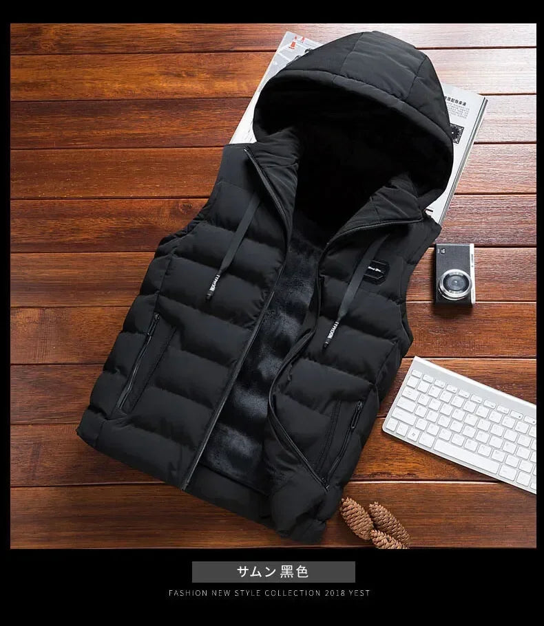 Fashion Warm Hooded Male Winter Vest Light Plus Size Mens Work Vest Waistcoat Hooded New Fleece Autumn Sleeveless Jacket for Men
