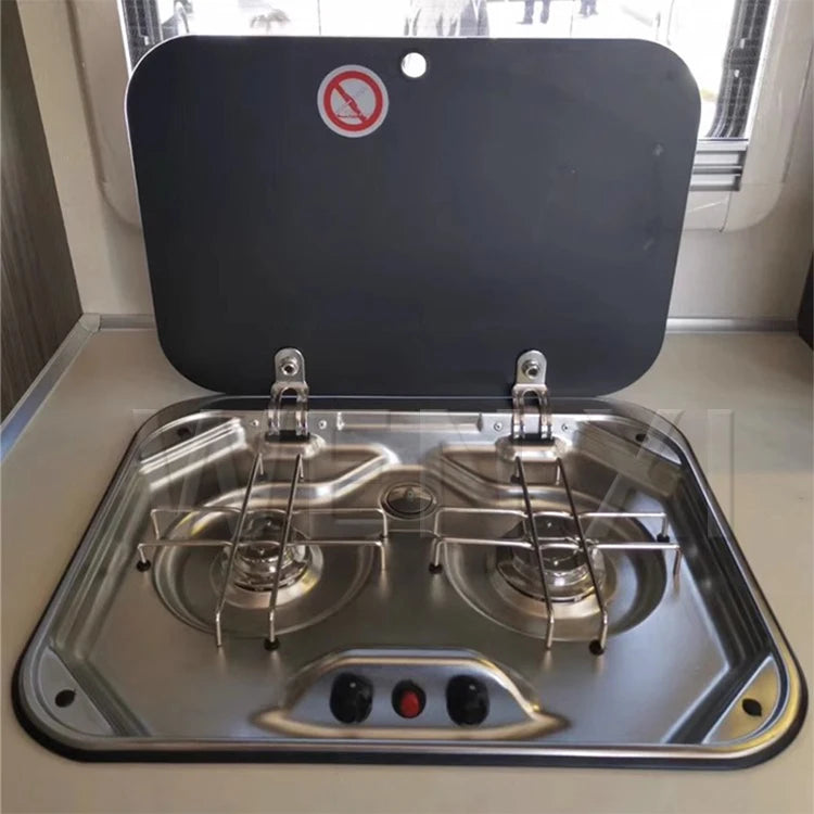 Outdoor RV Camper Kitchen Stainless Steel Gas Double-headed Stove Tools Tempered Glass Cover 2*1.35KW Camping Car Accessories
