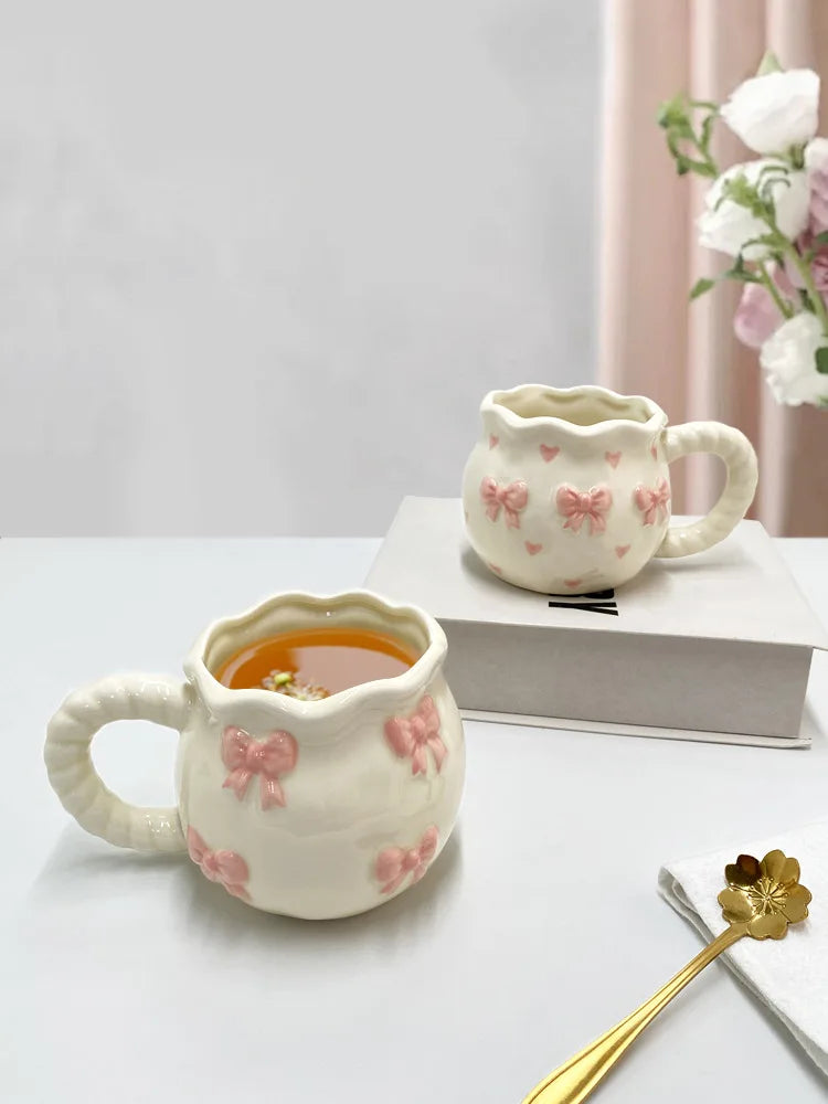 Bow Ceramic Coffee Cup Cute Handmade Ins Style Mug Drinking Water Afternoon Tea Gift Decoration Summer Dopamine Girlfriend Gift