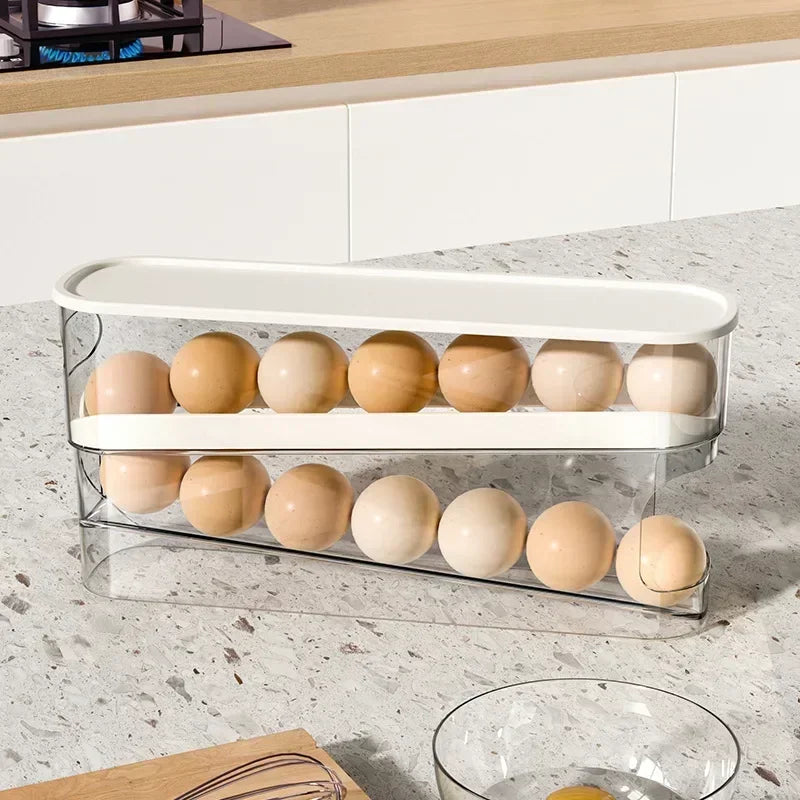 Double Layers Egg Storage Box Refrigerator Automatic Rolling Slide Egg Rack Refrigerator Side Door Freshness Box Kitchen Storage