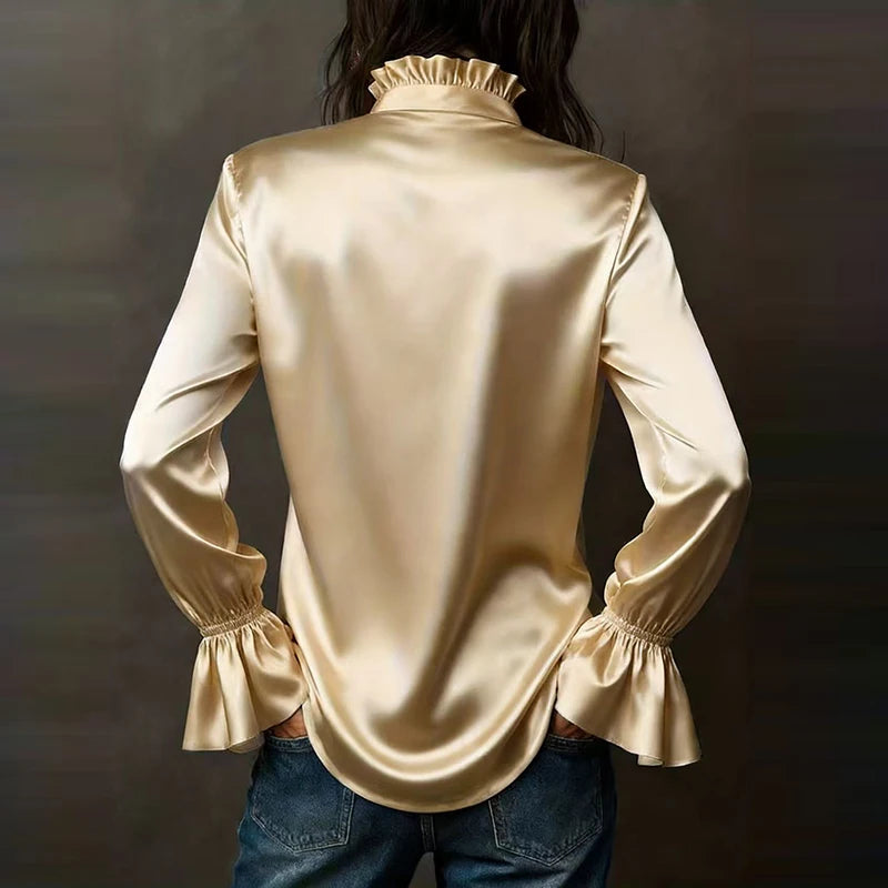 Fashion Women Long Sleeve Silk Shirt Black Turn Down Collar Button Blouse Women Office Tops Mesh See Through Sleeve Satin Shirt