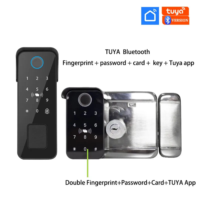 Tuya Bluetooth-compatible App Waterproof Fingerprint Smart Door Lock Gate Password RFID Card Rim Bolt Lock Electronic Door Lock