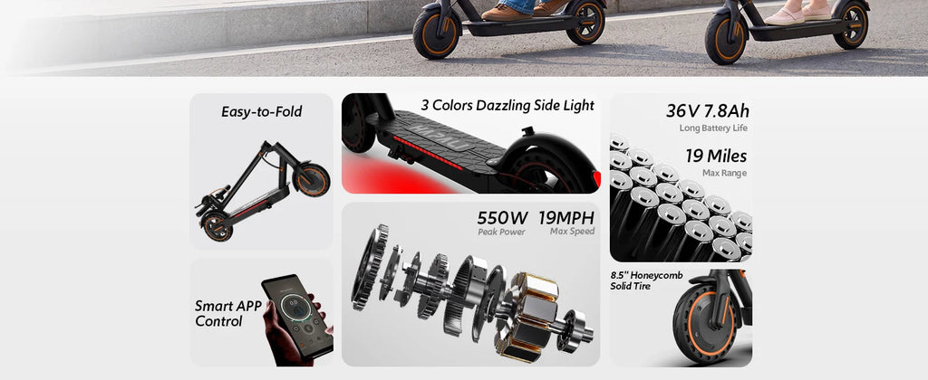 Electric scooters for adults, 8.5" Tire, Max 19 Miles and 19 Mph, 550W Foldable E Scooter with Side Light & APP