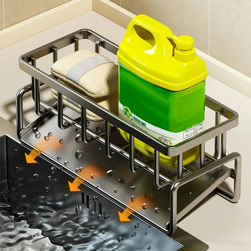 Kitchen Sink Organizer Carbon Steel with Tilted Water Tray Storage Rack for Sponge Brush 23×9×10cm