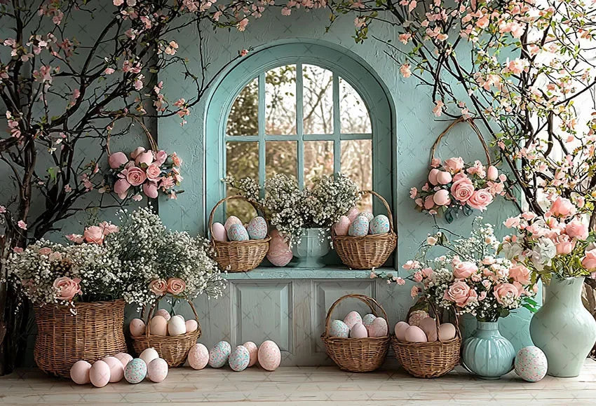 Happy Easter Day Photography Background Blue Wood Board Easter Egg Spring Flower Rabbit Kid Birthday Portrait Photocall Backdrop