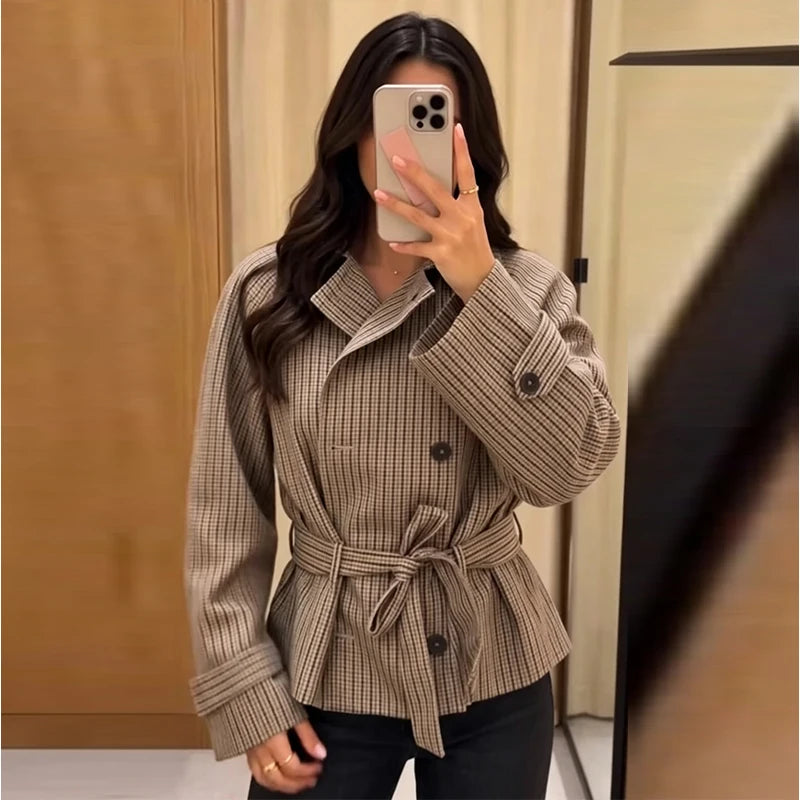 Loose Plaid Lace Up Jacket Women Vintage Double Breasted Full Sleeve Lapel Belts Jackets Female 2026 Autumn Outwear Lady