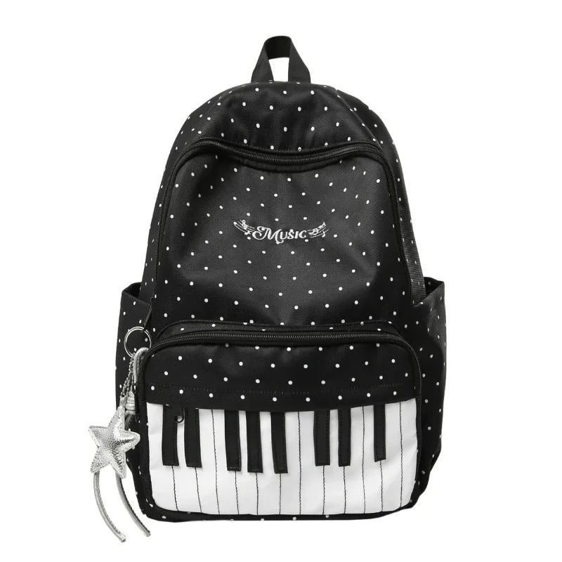 Polka Dot Piano Keyboard Backpack Back-to-school Girl Music Theme Embroidered Nylon Backpack Large Capacity Lightweight Backpack