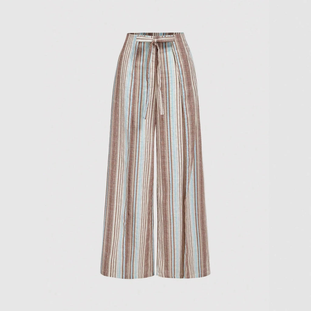 Women Loose Striped Printed Casual Pants 2026 Summer Autumn Elegant Drawstring High Waist Bohe Vacation Versatile Long Trousers