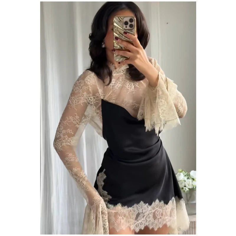Elegant Sexy Lace Patchwork Mini Dress Women Full Flared Sleeve Waist Cinching See Through Short Dresses Lady Club Party Gowns