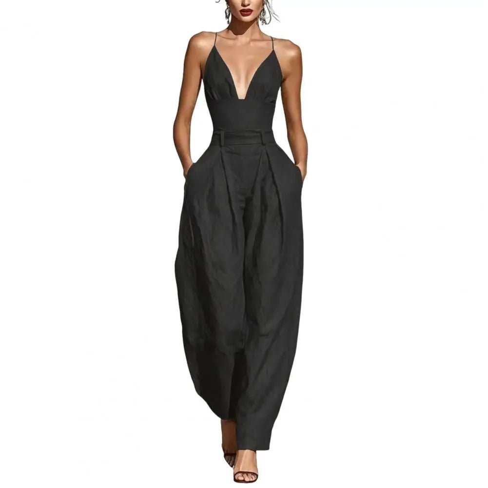 Elegant Sexy V-Neck Spaghetti Strap Jumpsuit Women High Waist Wide Leg Casual Romper Spring Boho Solid Backless Pockets Overalls