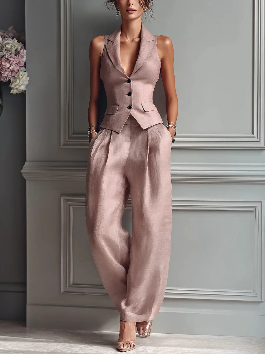 2026 Summer Women Two Piece Set Single-breasted Sleeveless Vest Top And Trousers Pants Set Suit Office Ladies Suits