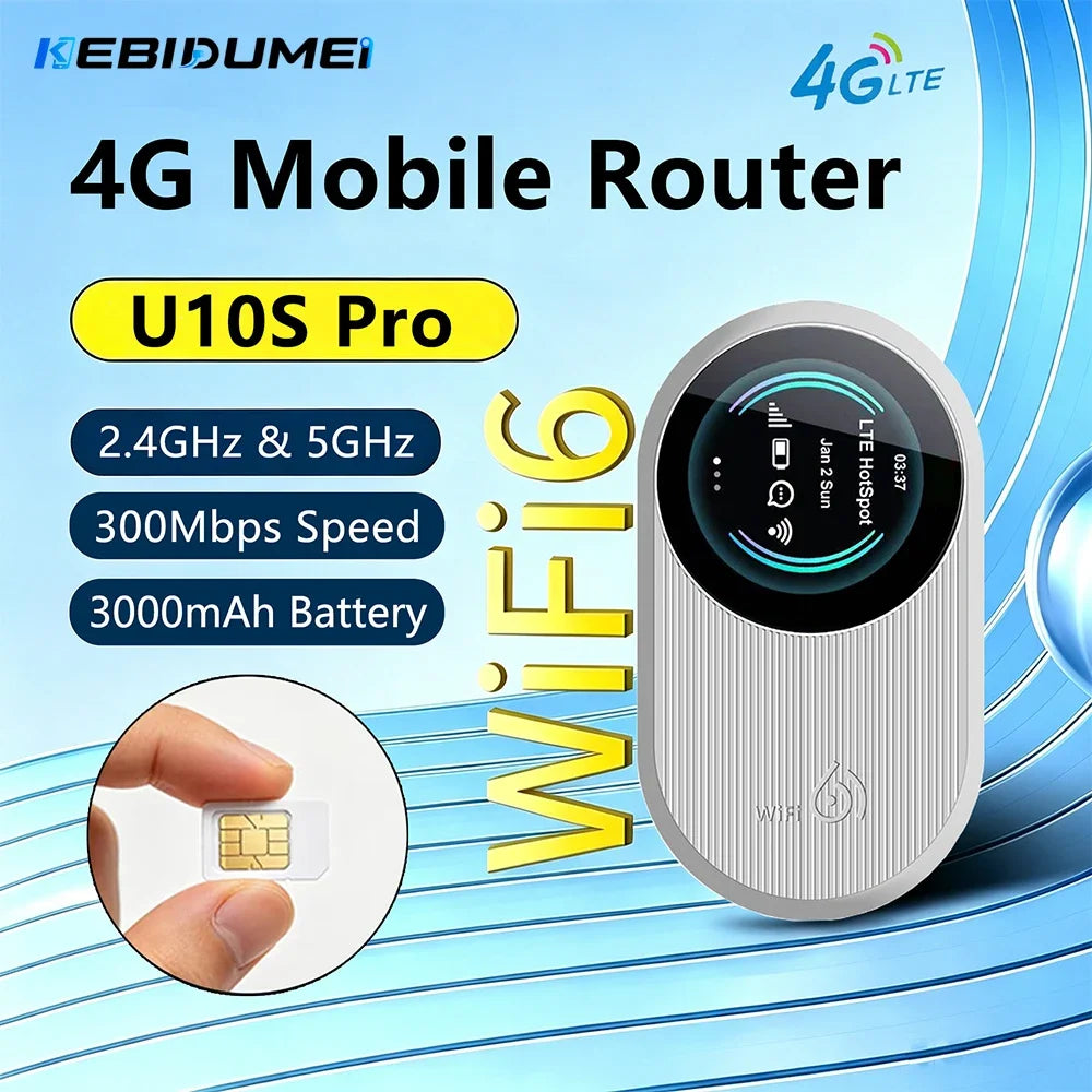 Kebidumei WiFi 6 Mobile Router 2.4G/5GHz Hotspot Portable 4G LTE Router 3000mAh Battery for Outdoor Travel Business RV Car Home