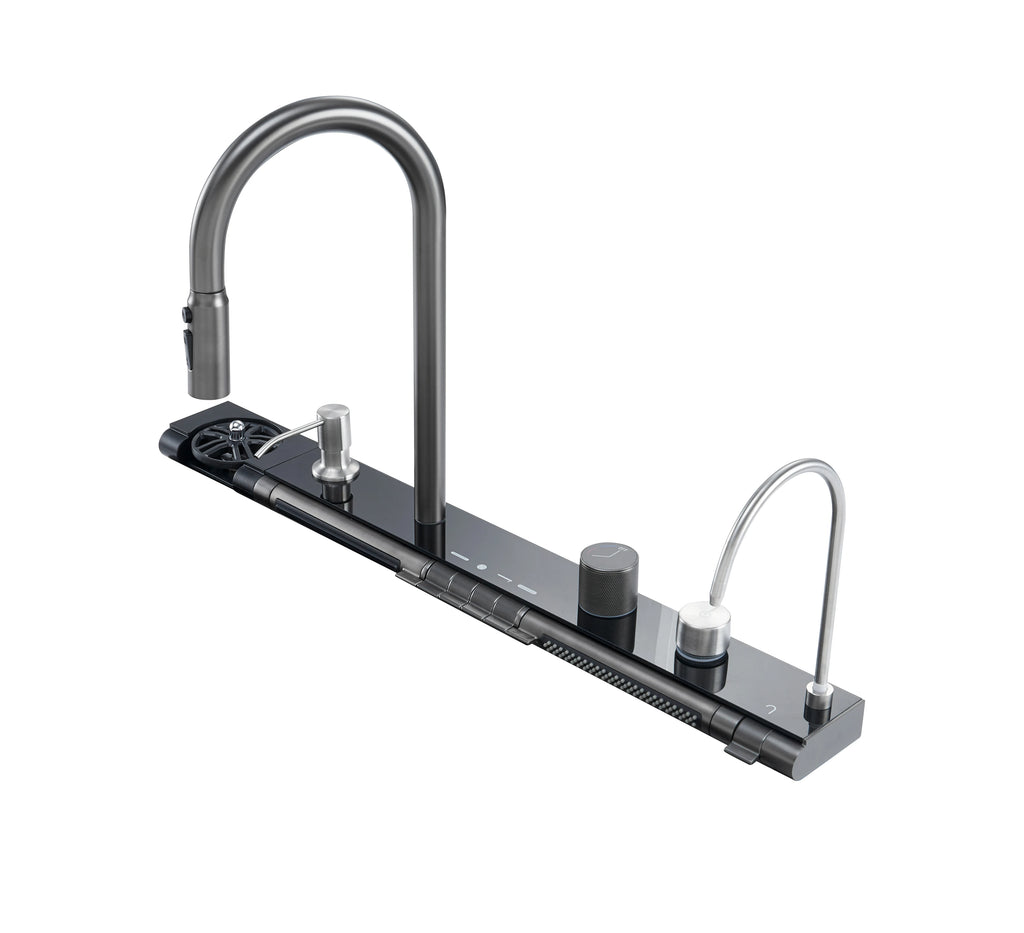 Digital Display Brass Pull Out Waterfall Faucet Nano Black Multifunctional Kitchen Sink With Digital Display and Light