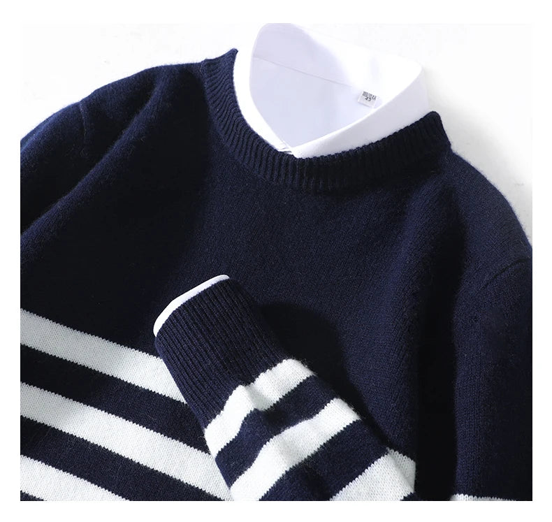2024 Autumn/Winter New Round Neck 100% Pure Wool Sweater Men's Casual Loose Thick Sweater Striped Knitted Base Cashmere Sweaters