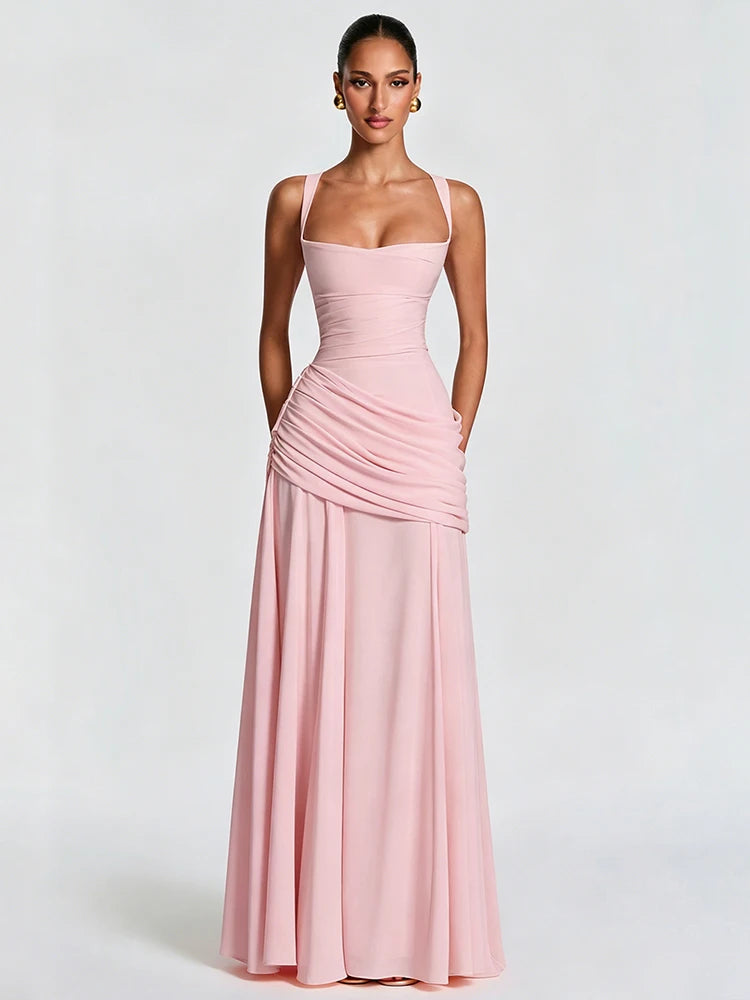 Sisterlinda Chic Elegant Backless Dress Women Folds Square Collar Low-Neck Sleeveless Birthday Party Solid Chic Banquet Vestidos