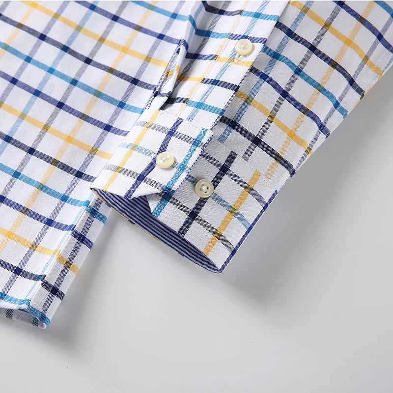 2025 Men's Social Shirt Pure Cotton Oxford Luxury Brand Thin Soft Buttoned Plaid Formal Work Western Clothing