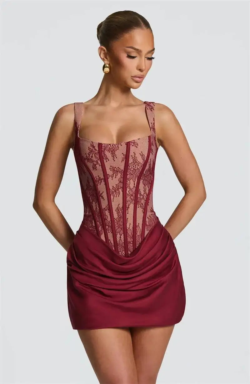 Mozision Lace Corset Mini Dress Women Square Neck Wide Strap Ruched Satin Bodycon Short Dress Club Party Cocktail Vestidos