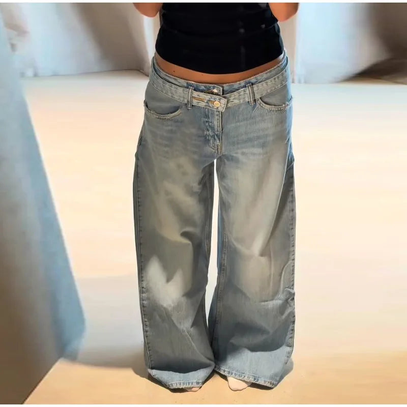 2026 Spring Low Waist Pleated Wide Leg Jeans Light Wash Raw Edge Double Waistband Casual Women Pants Trendy Y2K Lady Trousers