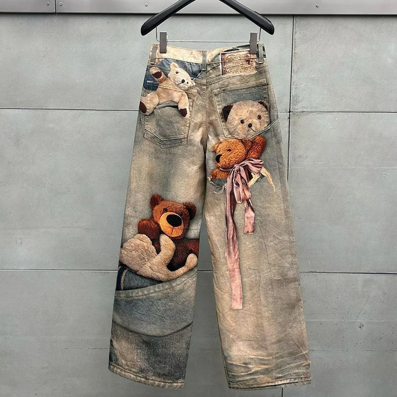 KUCLUT 2025 Autumn Winter Fashion Niche Design Print Contrast Color Loose Jeans For Women Straight Wide-leg Denim Pant 1A1517