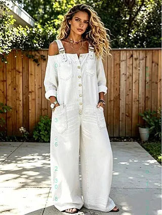 Sexy Off Shoulder Denim Overall Jumpsuit Pockets Wide Leg Playsuit