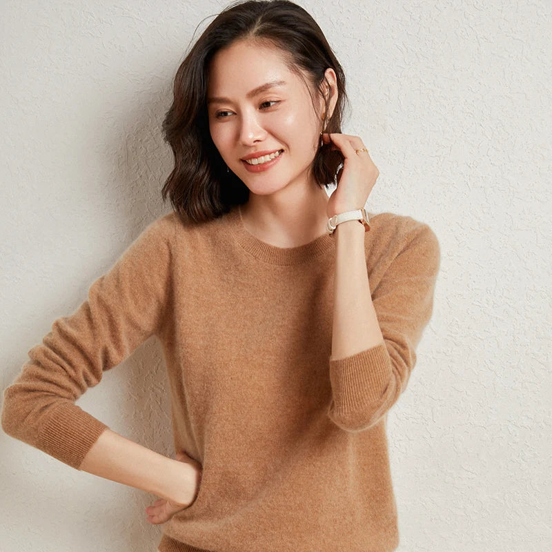 100%Merino Pure Wool Pullover Sweater For AutumnWinter Women's Round Neck Warm High-Quality Solid Color Basic Knitted Jumper Top