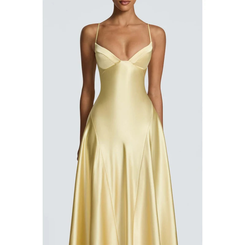 Women Yellow Low Cut Backless High Waisted Dress Lace Up Sleeveless Waist Cincher Spaghetti Strap Vestidos Party Club Women Robe