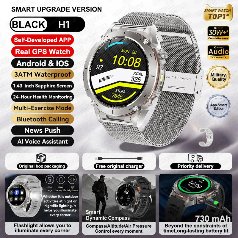 2026 New GPS Smart Watches 10 ATM Waterproof Built-in Dual-band GNSS Compass Military Sport Men SWIM Smartwatch For Android IOS
