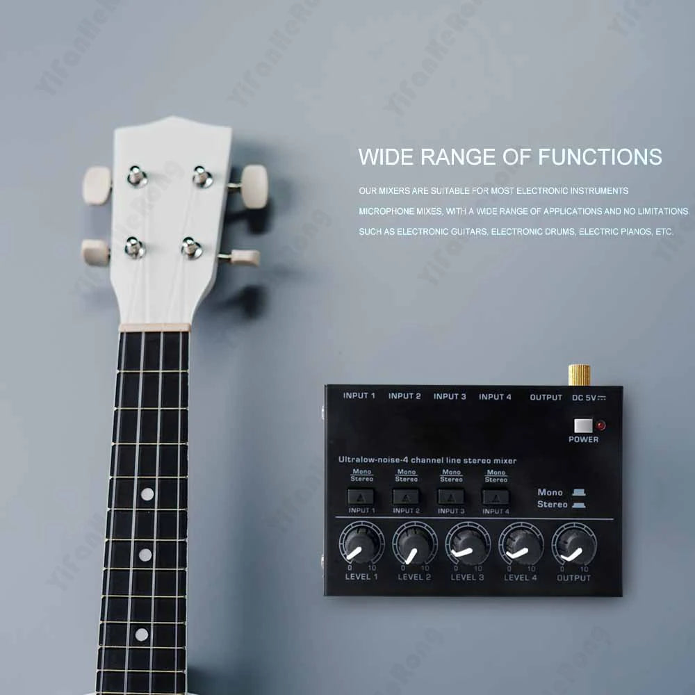 Professional Max400 Sound Mixer 4 Channel Mixer Stereo with 2pcs 6.5 3.5mm Converter RCA Output Mixer Mini Low Noise Sound Mixer