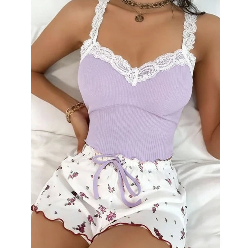 2026 Women Sexy Lace Vest Shorts Pajamas Women's Slim Fit Two-piece Home Outfit Summer Low Rise Casual Print Short Pants Top Set