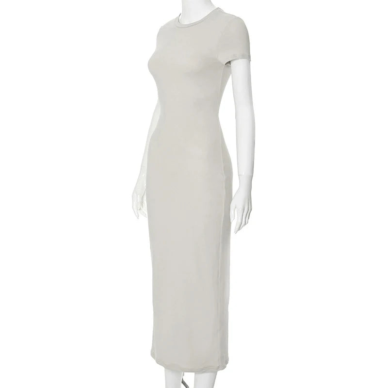 2025 Women Solid Color Slim Short Sleeve Casual Pullover Sumer Long Dress Skinny Sexy Daily Dress