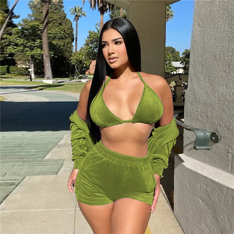 Velvet Tracksuit 3 Piece Set Women Fall Outfits Zipper Hoodies Jacket + Bra + Shorts Sets Sporty Matching Sets Jogging Femme
