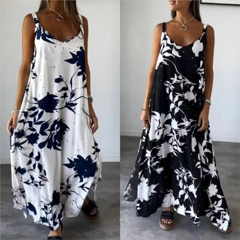 Vestidos Summer Women's Fashionable Printed Camisole Backless Casual Dress 2025 Sexy Women's V-neck Loose Beach Maxi Dresses