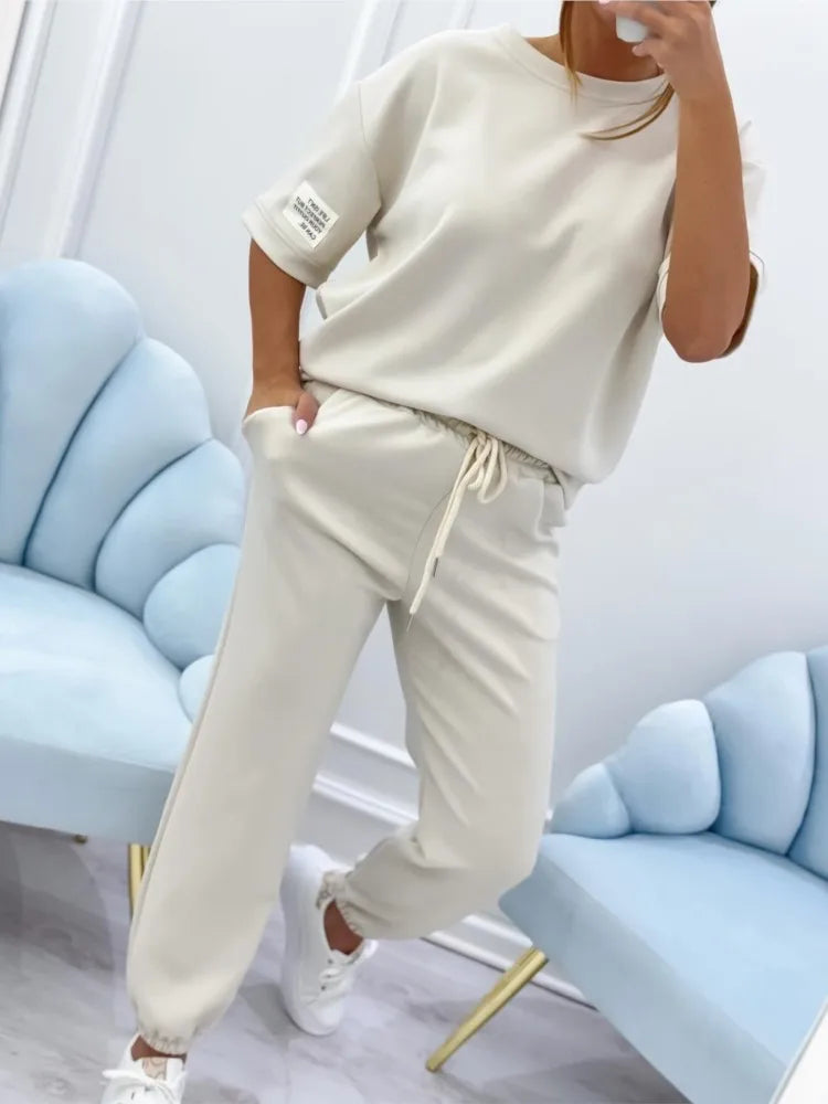 Fashion O Neck Short Sleeve Solid Color T-shirt Women Trousers 2-piece Set Summer Casual Sports Elastic Small Feet Trousers Suit