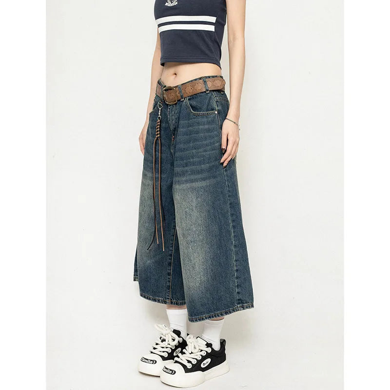 High Waist Black Retro Washed Denim Shorts Women's Harajuku Vintage Fashion Casual Loose Y2K Streetwear Mid Long Wide Leg Pants