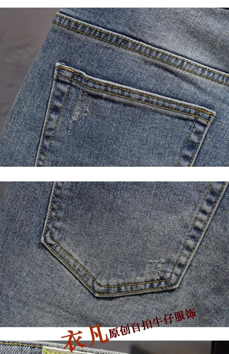 Blue Old Retro Summer Men's Denim Medium Pants Embroidered Scratches Washed Versatile Elastic Shorts Cargo Half Pants Jeans