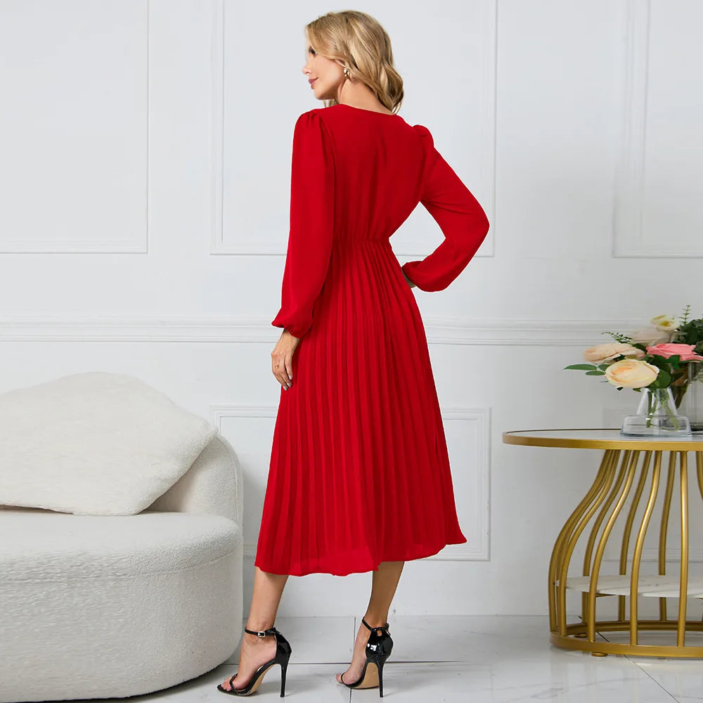 Elegant Women's Green Chiffon Autumn/Winter Long Sleeve Slim Fit Pleated Dress Fashion Women's V-neck Belt Party Dresses S-2XL