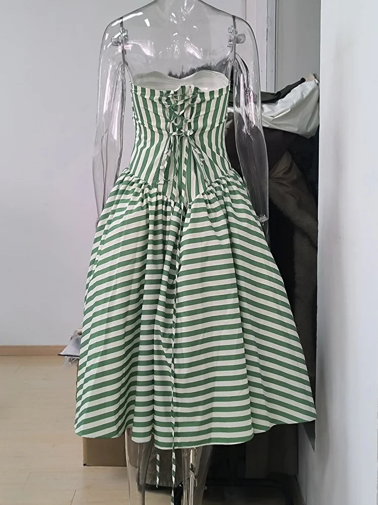 Fashion Striped Strapless Slim Fitting Dress Women Lace Up Waist-cinching Chic Maxi Dresses 2026 New Birthday Party Evening Gown