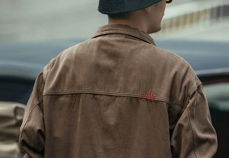 Men's Denim Jacket Vintage Brown Male Jean Coats Cargo Designer Washed Clothing Winter 2025 Korean Style Elatic Original Cowboy