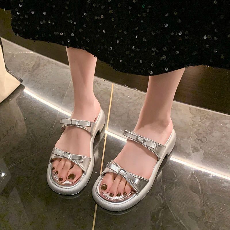 Summer Women Bow Decor Platform Slide Sandals Open Toe Non Slip Comfortable Shoes for Daily Casual Outdoor Beach Wear