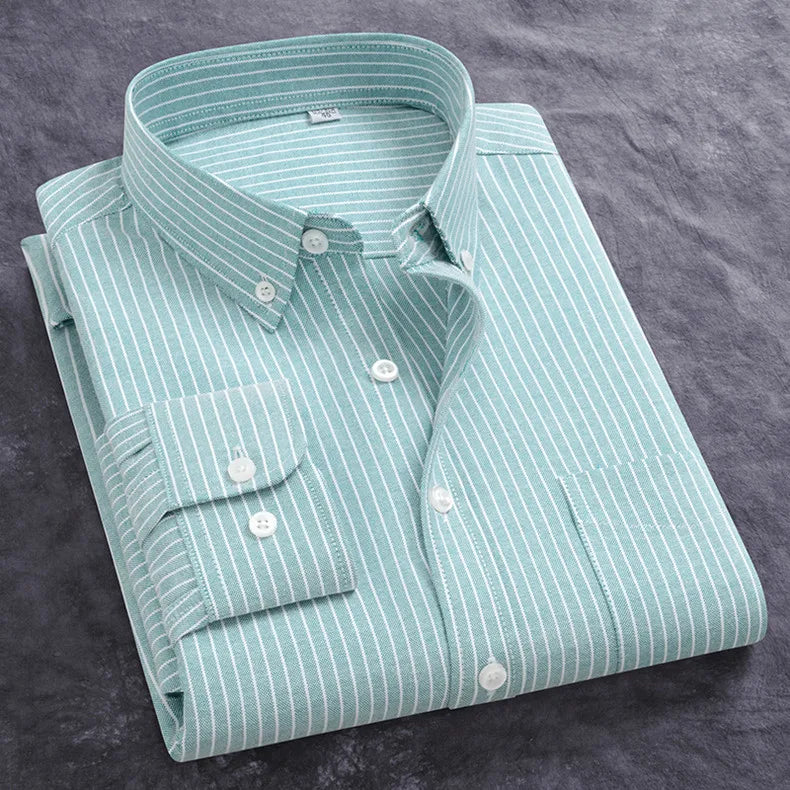 Newly Design Shirts For Men Spring Fall Long Sleeve Solid Color Oxford 100% Cotton Smart Casual Business Stripe Plaid White 5XL